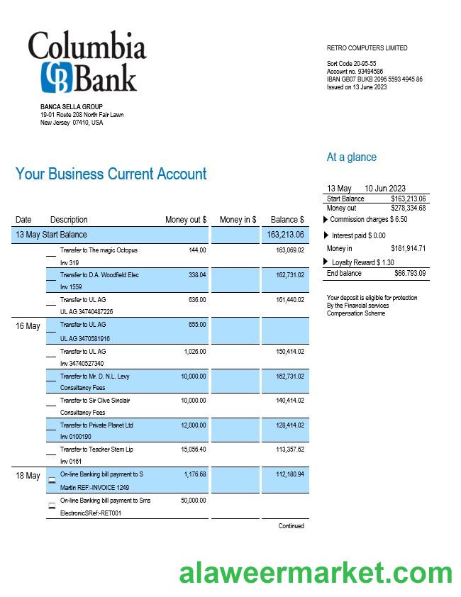 Columbia Bank enterprise account statement Word and PDF template